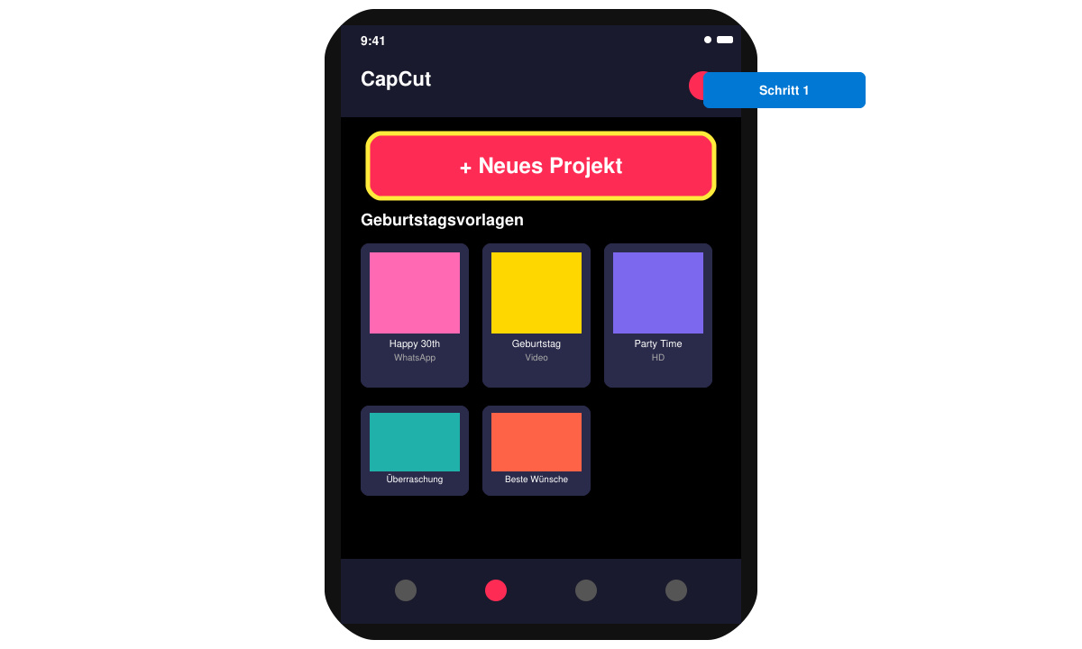 Close-up of a phone screen showing the CapCut app interface with the new project button highlighted and birthday templates visible
