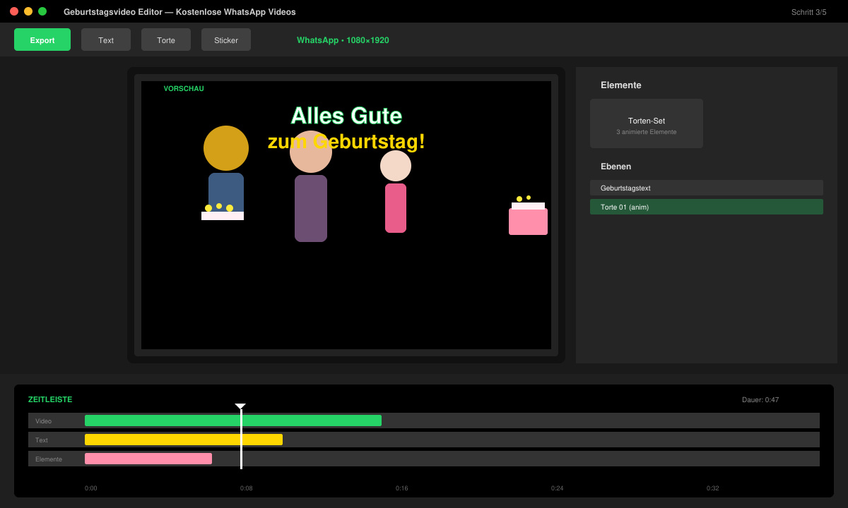 Editing screen with overlaid birthday text and animated cake elements on a family photo, timeline at the bottom visible