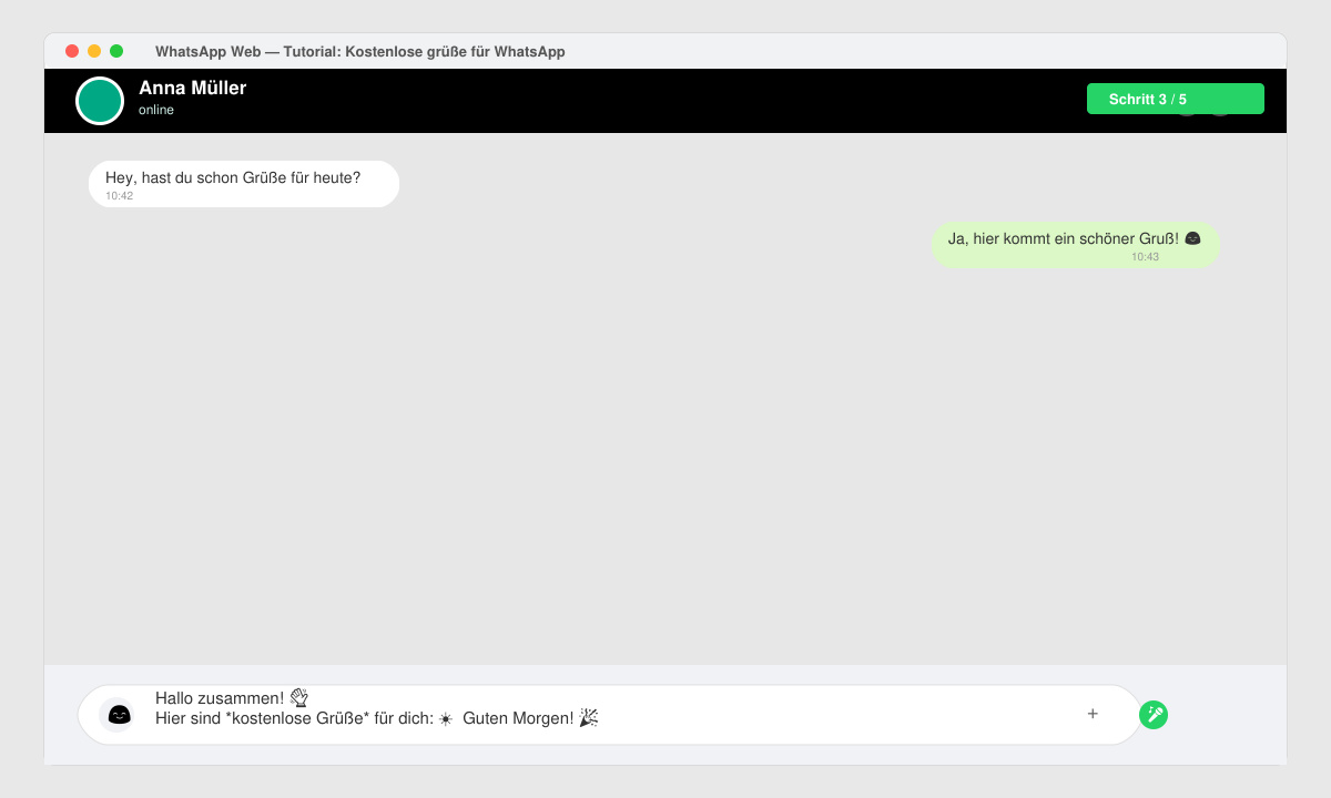 WhatsApp-Eingabefeld mit formatiertem Grußtext und Emojis