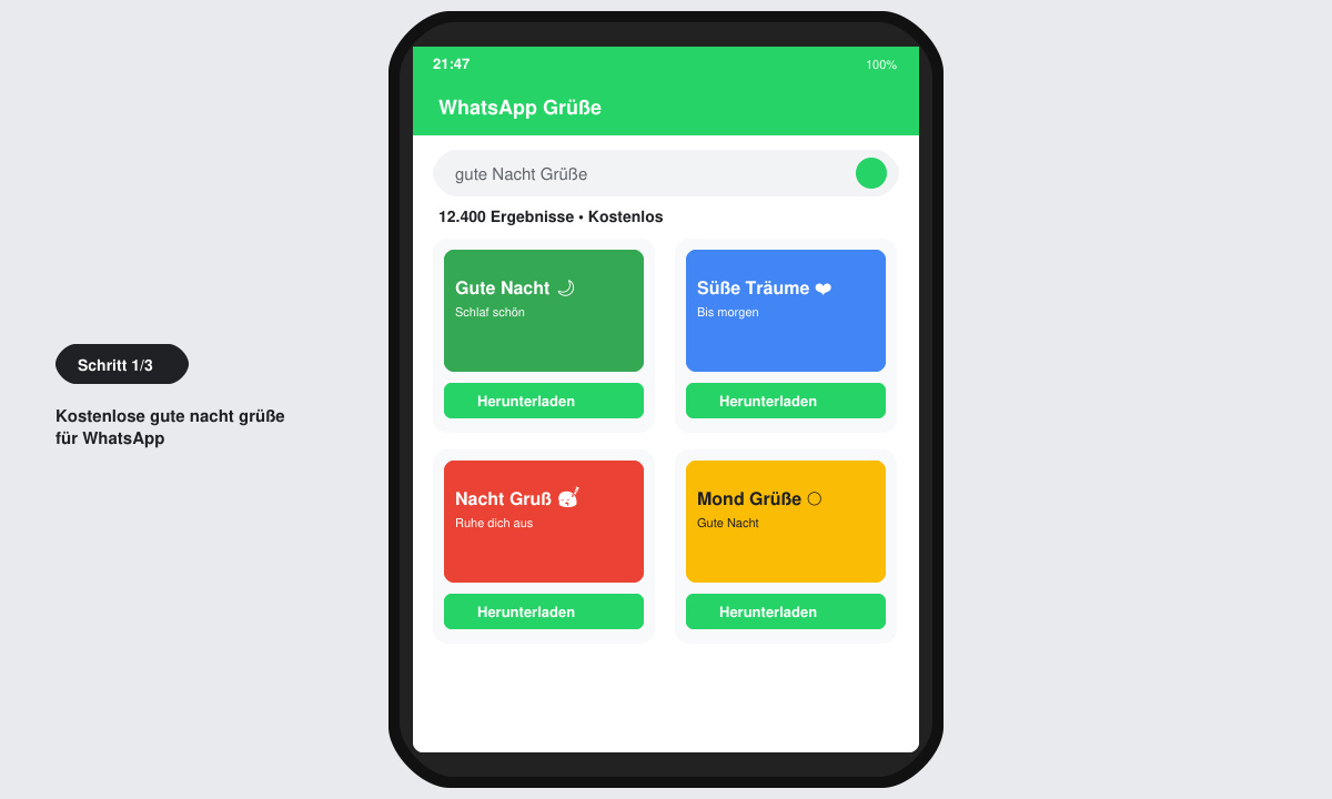 Bildschirm eines Smartphones, der Suchergebnisse für gute Nacht Grüße zeigt mit Download-Buttons