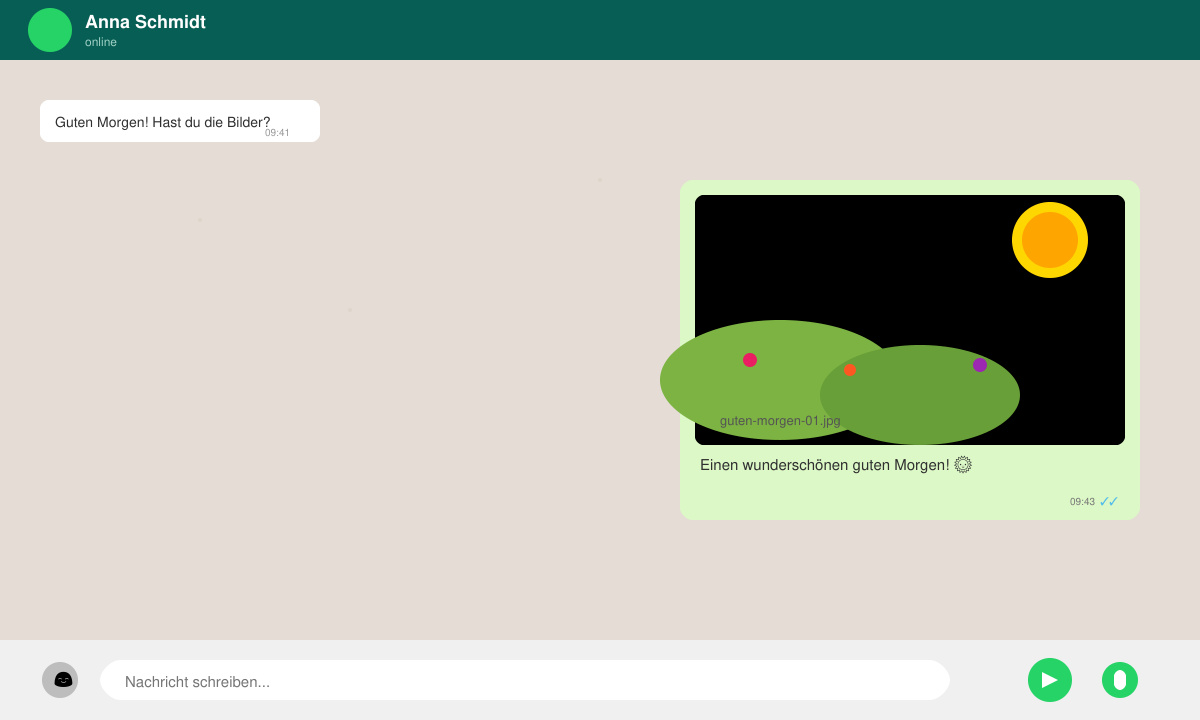 WhatsApp-Chat-Fenster mit einem versendeten Guten-Morgen-Bild und kurzem Begleittext