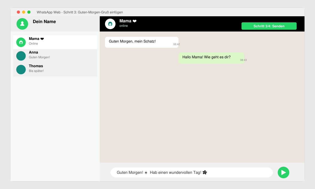 WhatsApp-Chat-Fenster mit eingefügtem Guten-Morgen-Gruß und Sende-Button