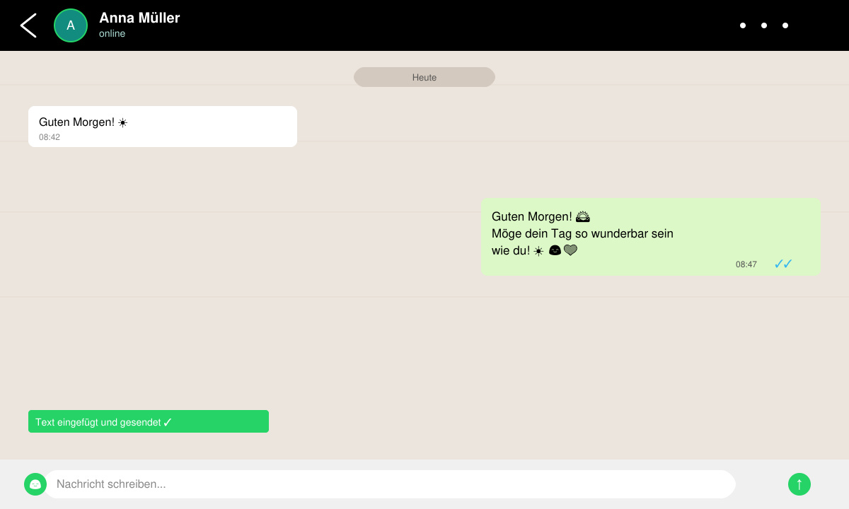 WhatsApp-Chat-Fenster mit gesendetem Guten-Morgen-Spruch und Smiley