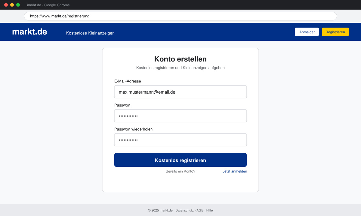 Registrierungsformular auf Markt.de