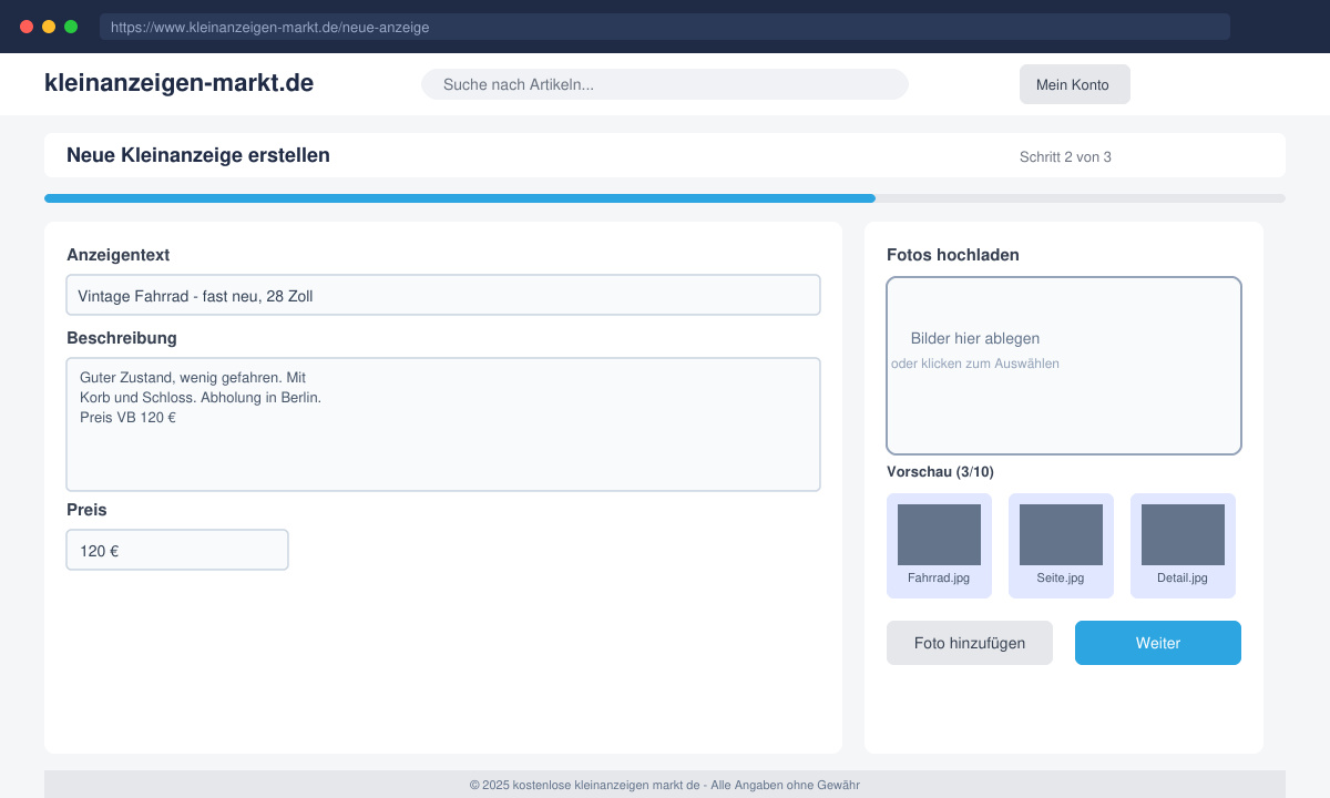 Formular zum Erstellen einer Kleinanzeige mit Bild-Upload