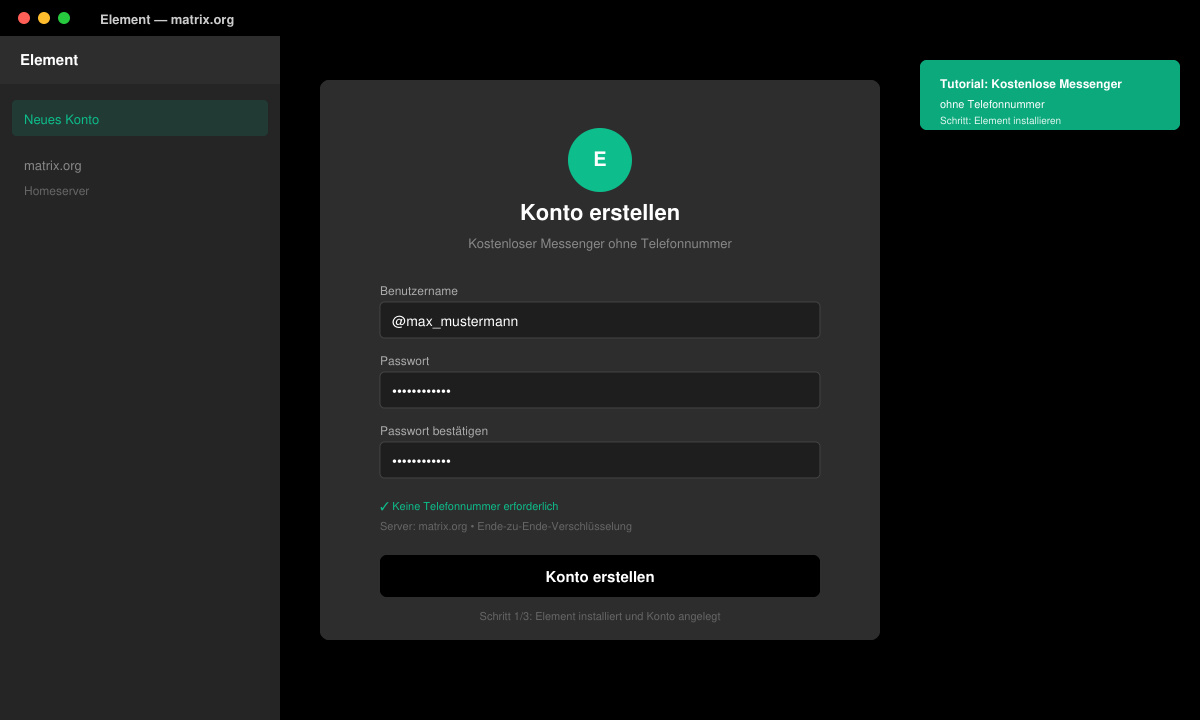 Screenshot der Element-App beim Erstellen eines neuen Kontos ohne Telefonnummer-Eingabe
