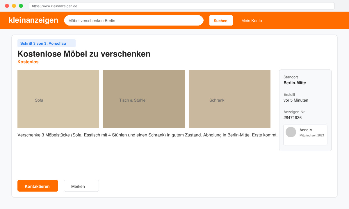 Bildschirmansicht einer Anzeige mit Fotos und Beschreibungstext auf einem Kleinanzeigen-Portal