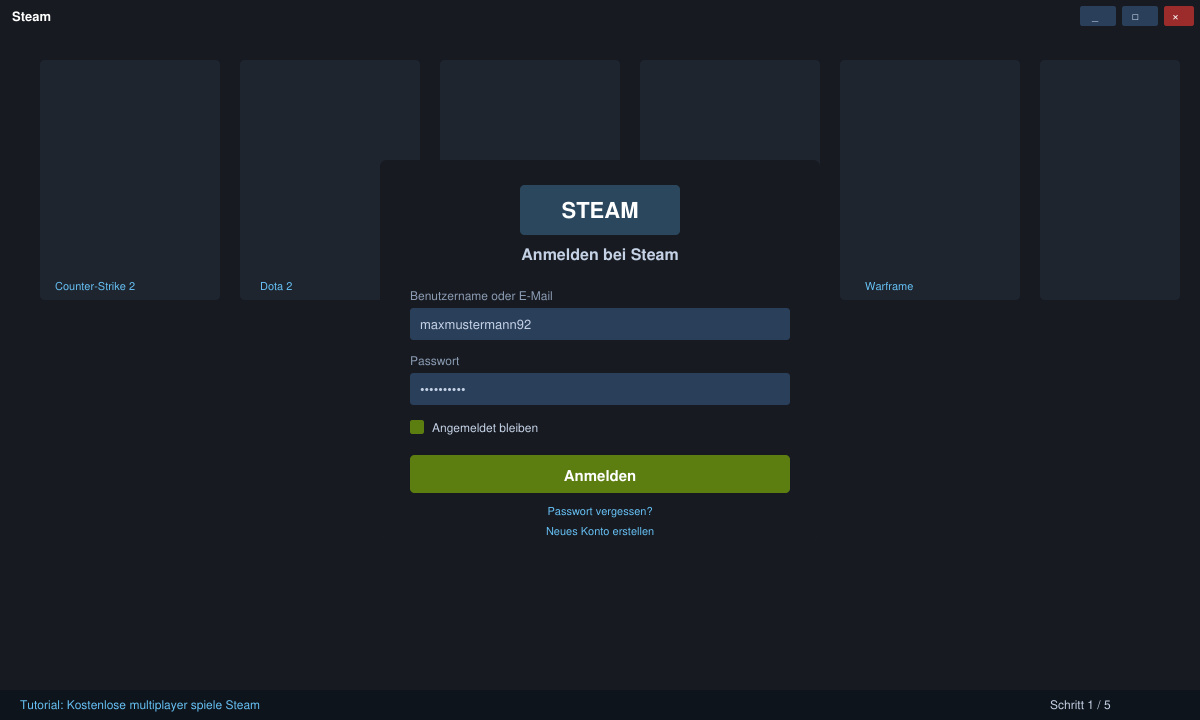 Steam-Client Startbildschirm mit Anmeldefenster