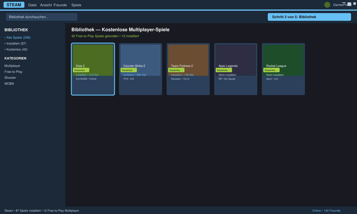 Steam-Bibliothek mit installiertem kostenlosen Multiplayer-Spiel