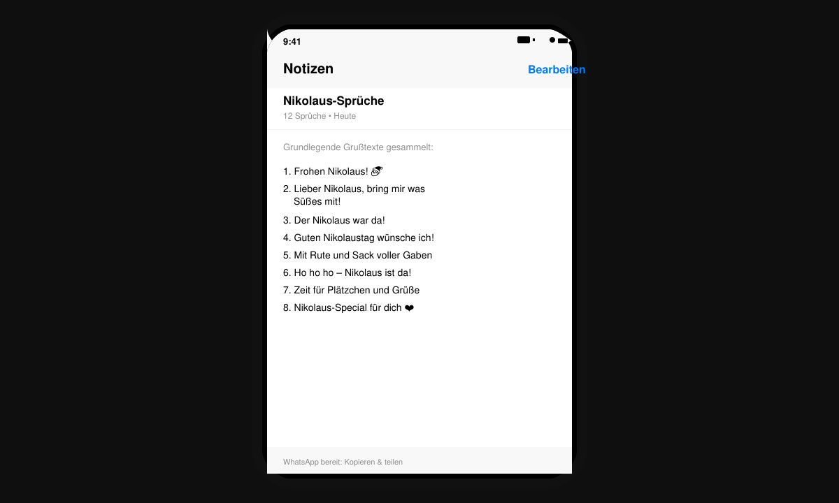 Bildschirm mit gesammelten Nikolaus-Sprüchen in der Notizen-App eines Smartphones