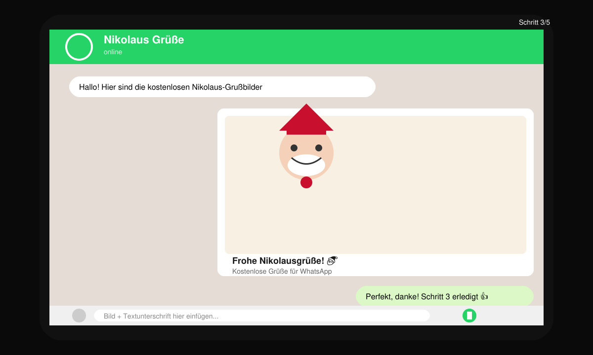 WhatsApp-Chat-Fenster mit eingefügtem Nikolaus-Bild und Textunterschrift