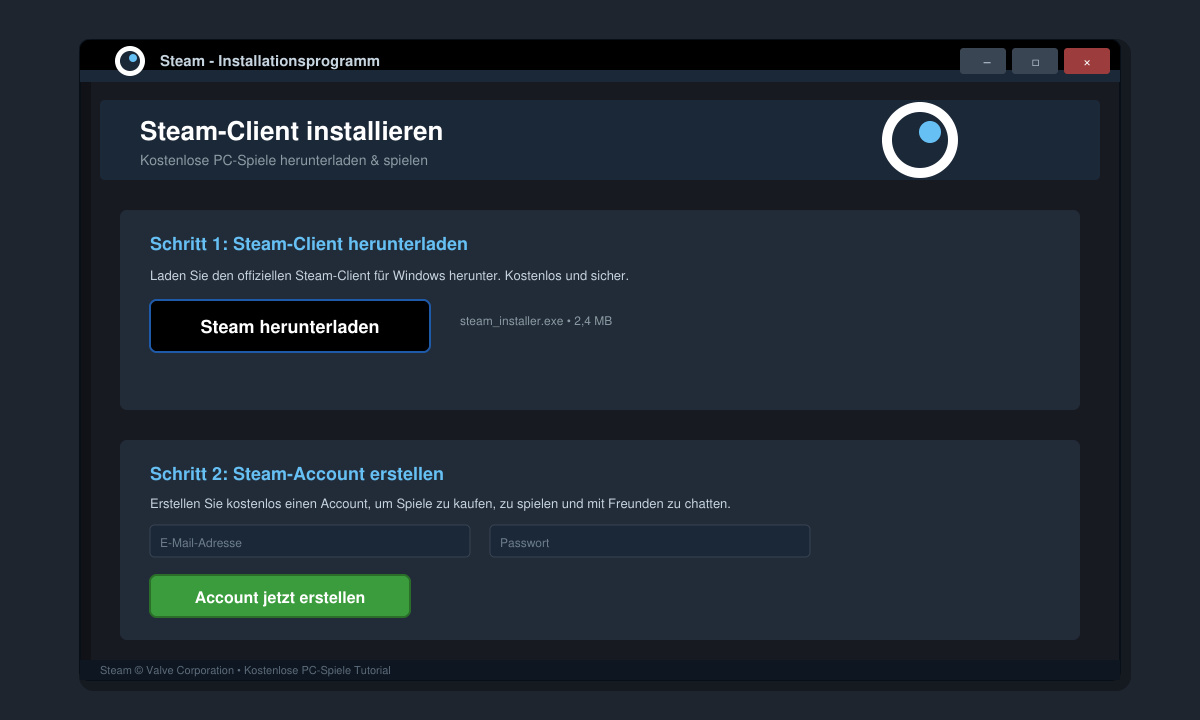 Steam-Installationsfenster mit Download-Button und Account-Erstellungsschritt