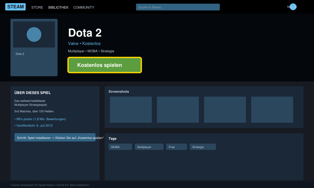 Detailseite eines Free-to-Play-Spiels mit aktivem „Kostenlos spielen“-Button