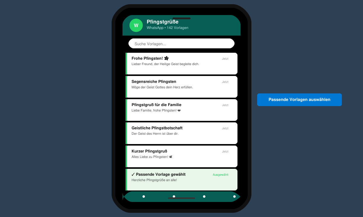 Nahaufnahme eines Handys, auf dem eine Liste mit Pfingstgrüßen angezeigt wird