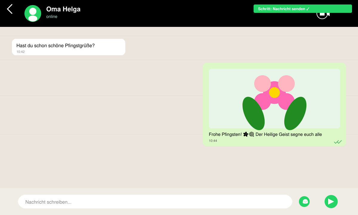WhatsApp-Chat mit gesendetem Pfingstgruß und Blumenbild