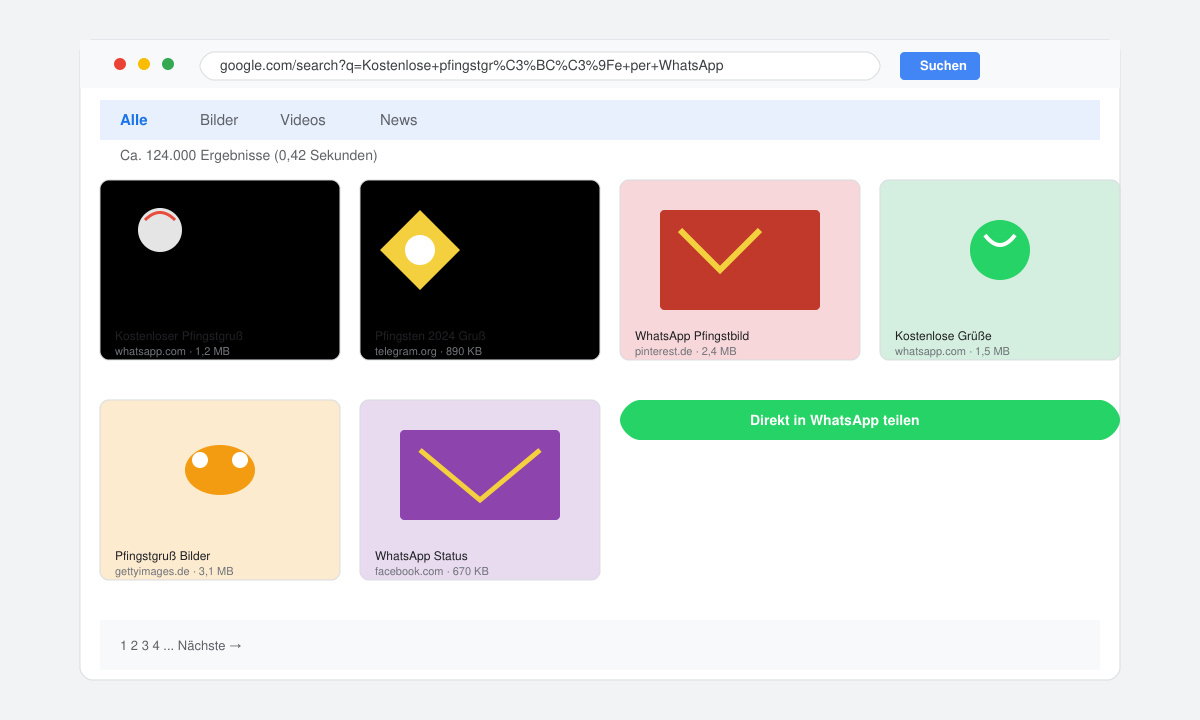Browser-Suchergebnisse mit Pfingstbildern auf dem Display
