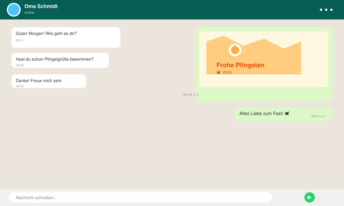WhatsApp-Chat mit gesendetem Pfingstgruß und Bild
