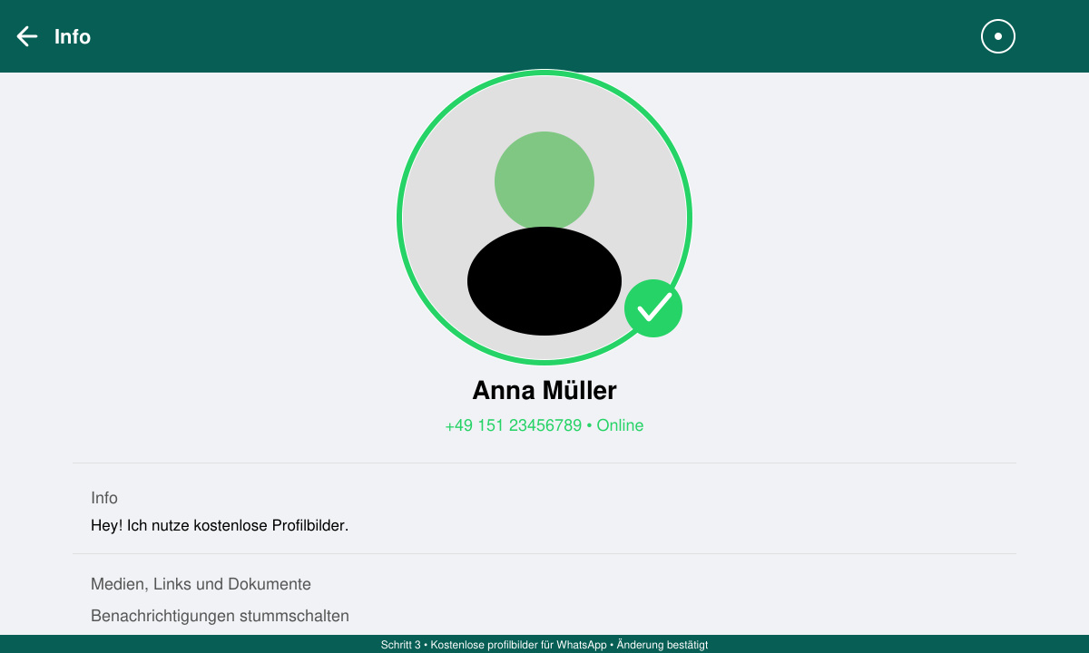 WhatsApp-Profilansicht mit neu eingestelltem kostenlosen Profilbild, grüner Haken bestätigt die Änderung