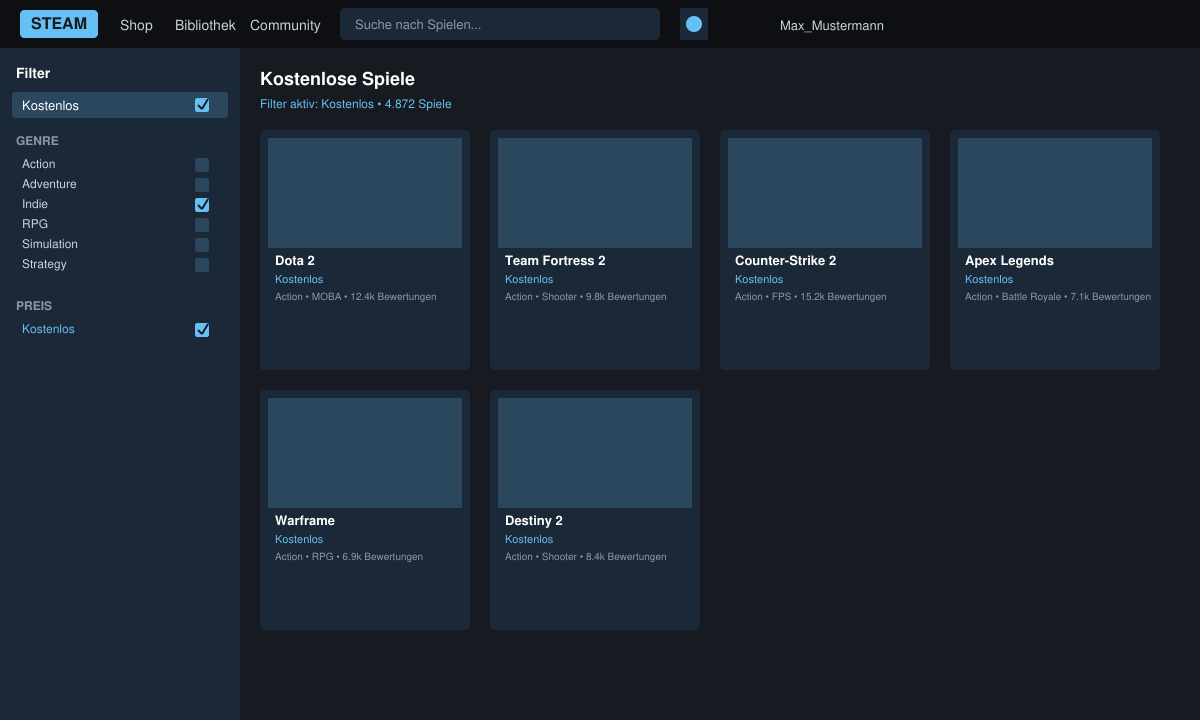Steam Store mit aktivem Filter „Kostenlos“ und angezeigten Spielekarten