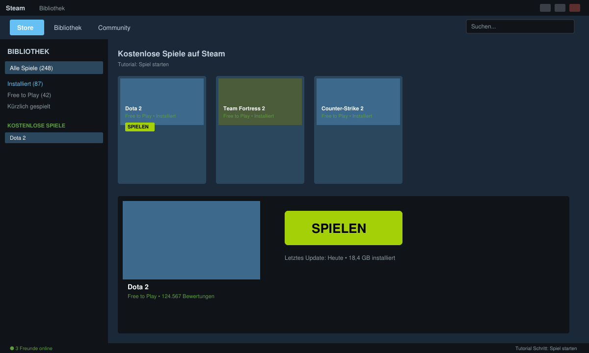 Installierter Free-to-Play-Titel in der Steam Bibliothek mit Play-Button