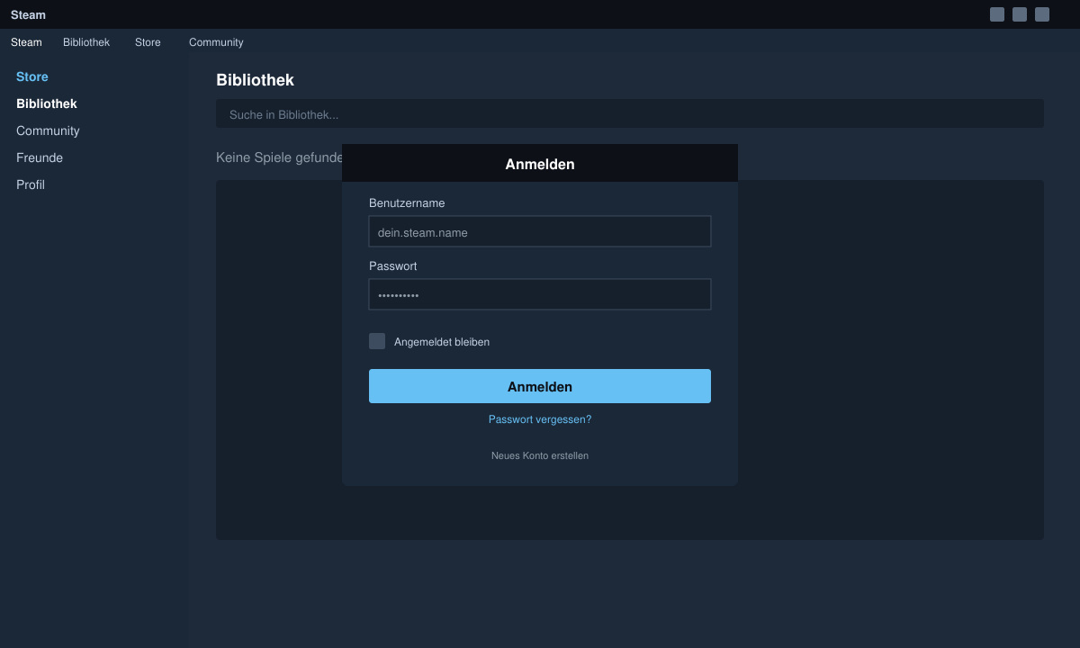 Steam Client mit geöffnetem Login-Fenster