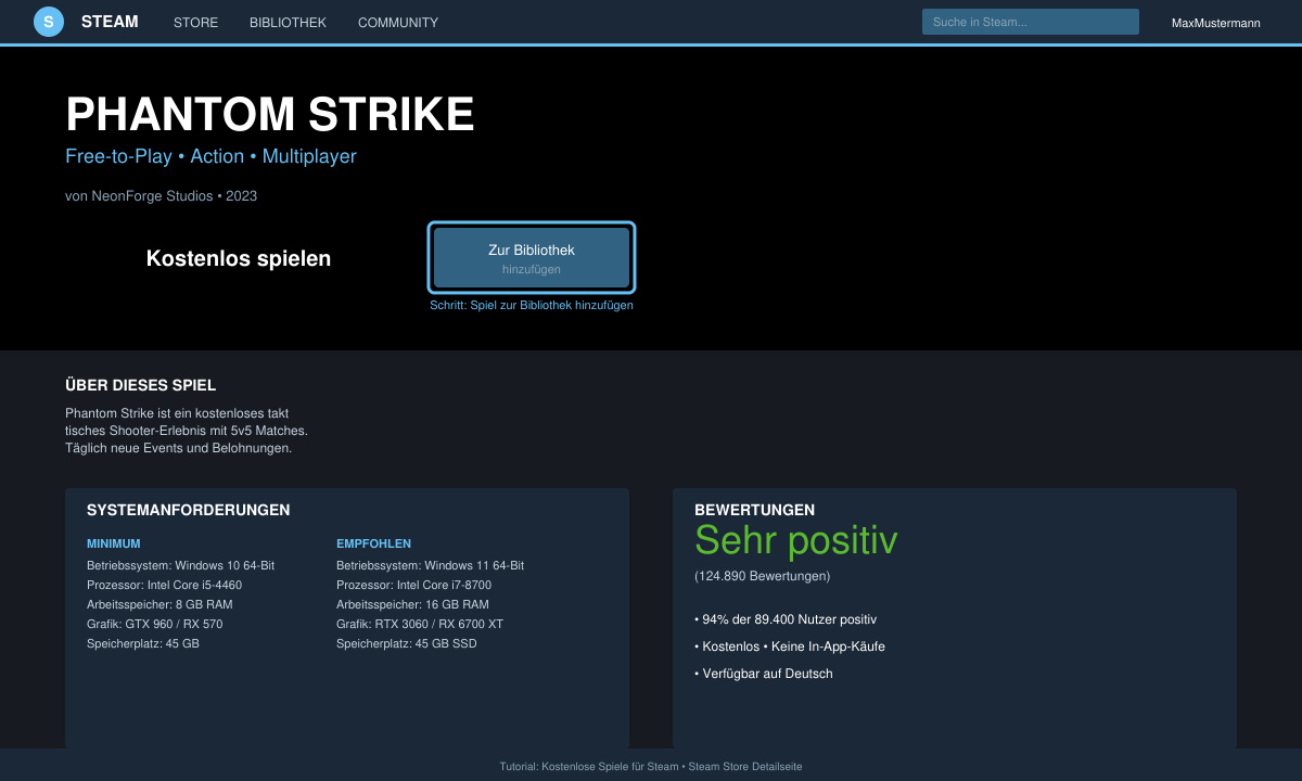 Detailseite eines Free-to-Play-Spiels mit aktivierter Download-Schaltfläche