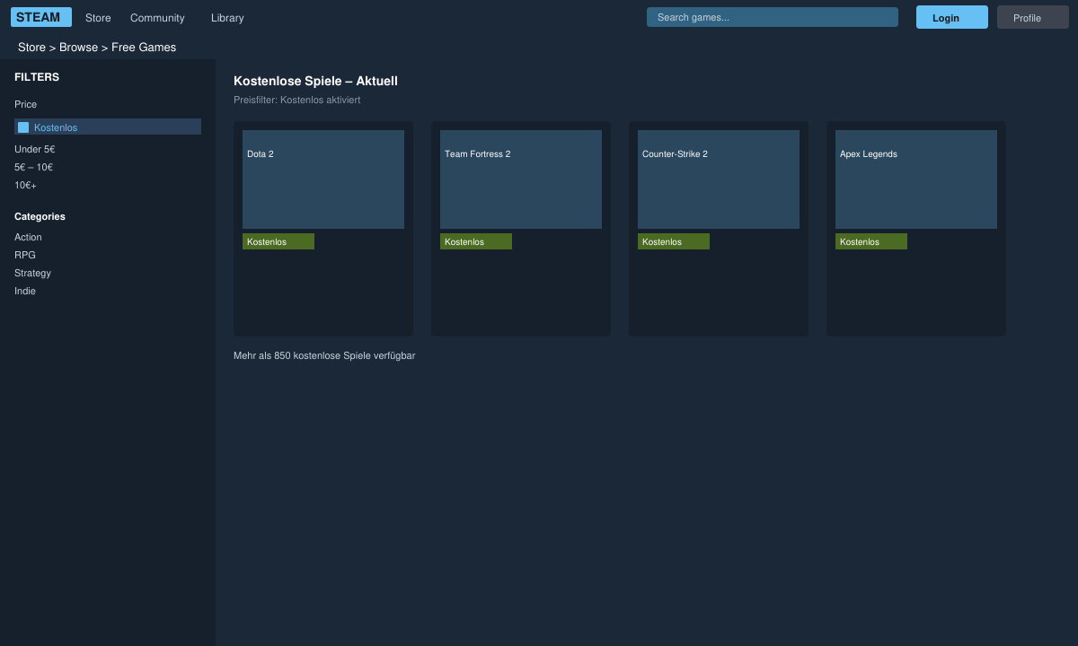 Steam Store Navigation mit Klick auf den Store-Tab