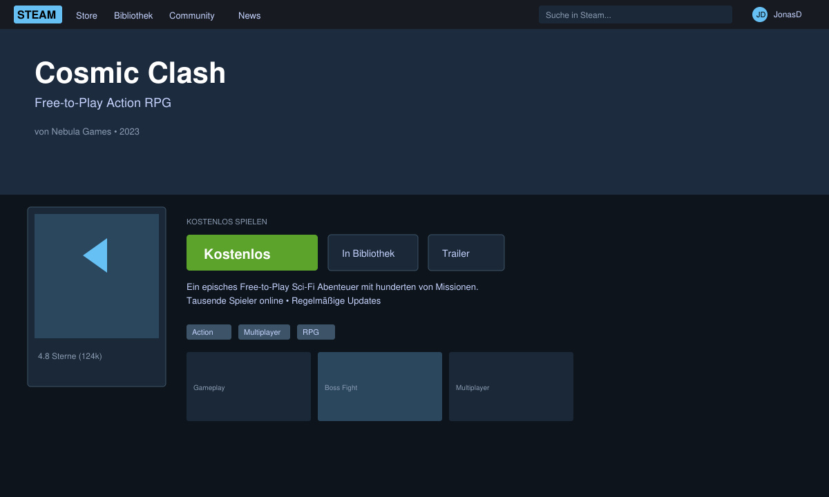 Detailseite eines kostenlosen Steam-Spiels mit dem Button „Kostenlos“