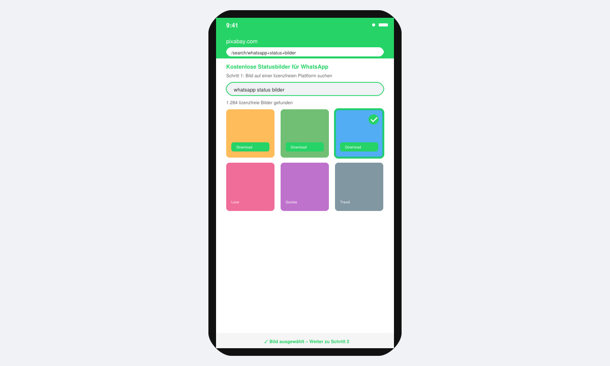 Bildschirm eines Smartphones mit geöffneter Bild-Download-Seite und ausgewähltem Statusbild