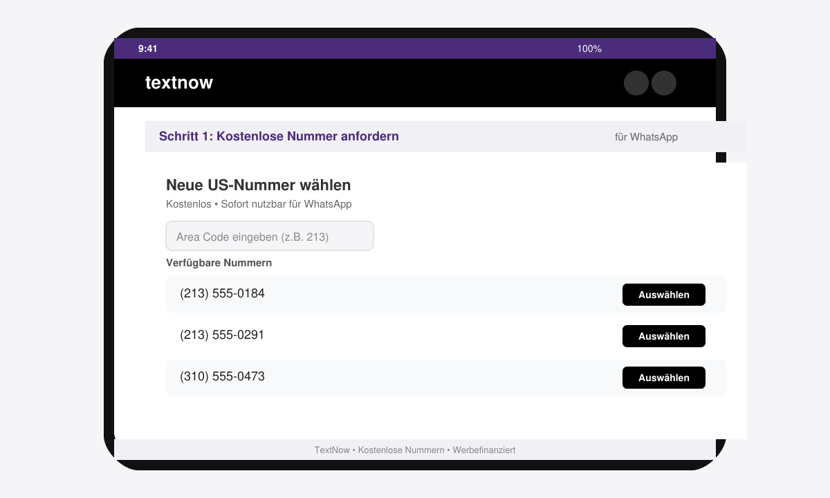 Screenshot der TextNow-App beim Anfordern einer neuen Nummer