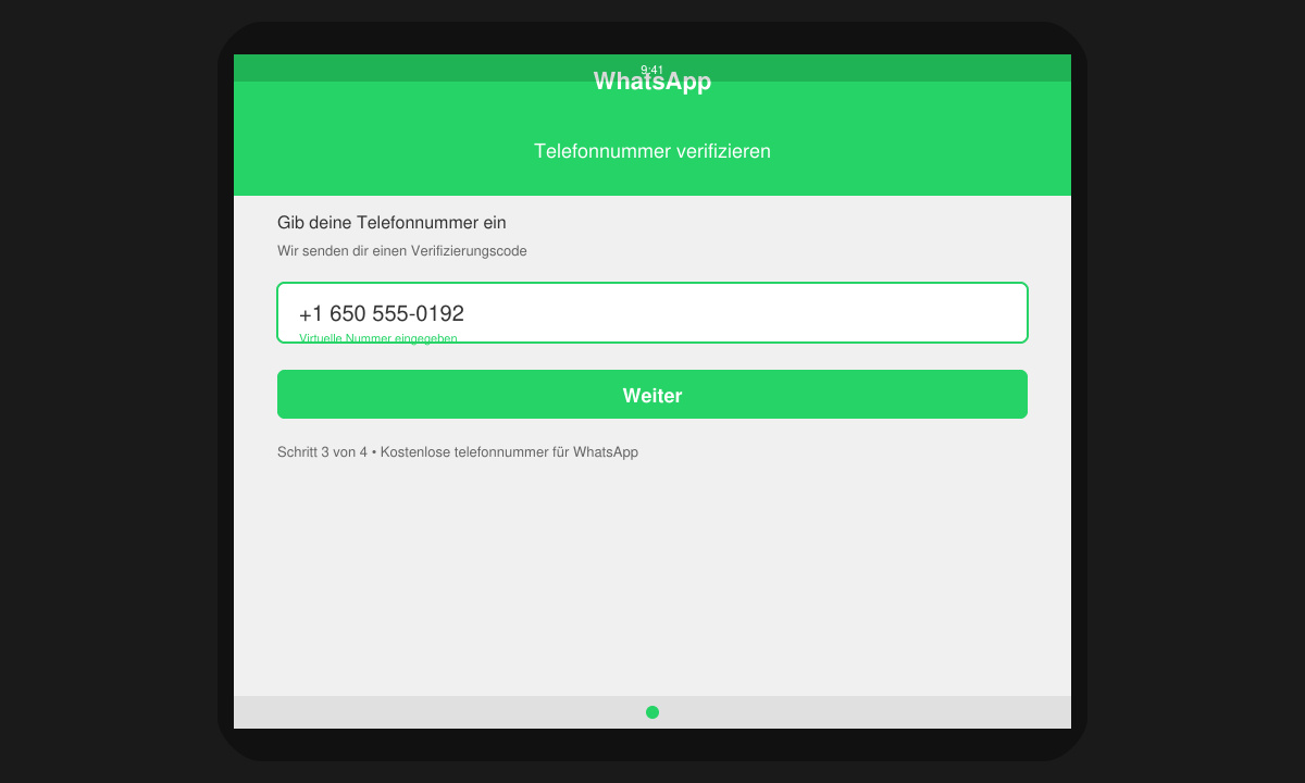 WhatsApp-Verifizierungsbildschirm mit eingegebener virtueller Nummer
