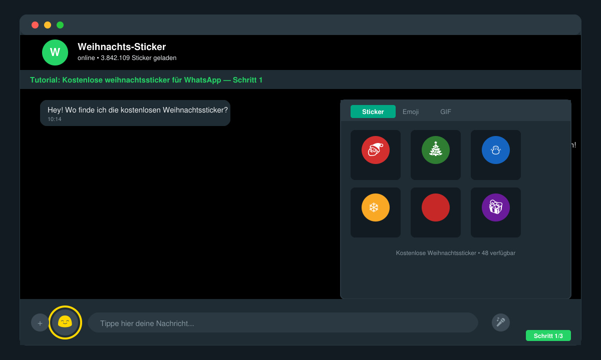 Bildschirm mit geöffnetem WhatsApp-Chat und hervorgehobener Emoji-Schaltfläche