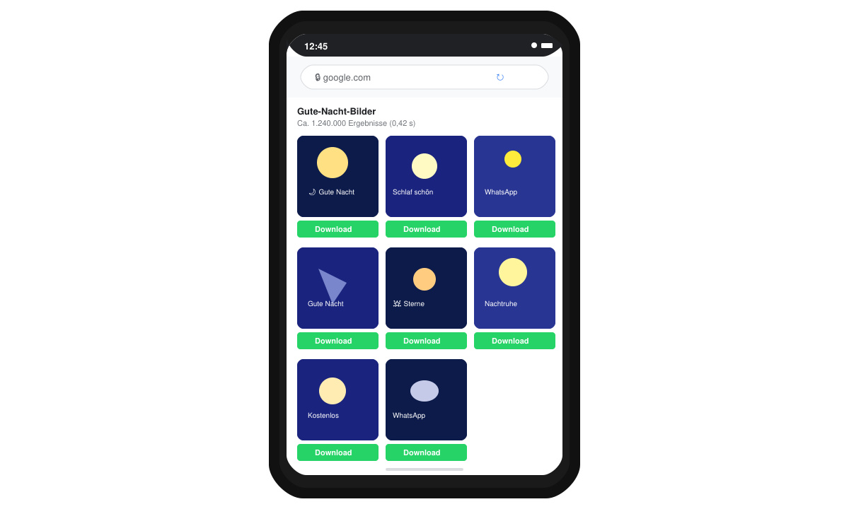 Bildschirm mit Suchergebnissen und Download-Button für ein Gute-Nacht-Bild