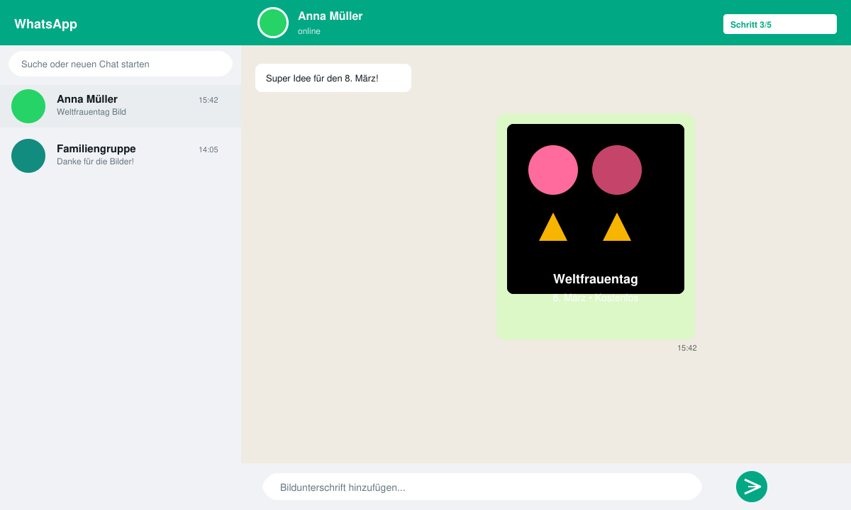 WhatsApp-Chat-Fenster mit hochgeladenem Weltfrauentag-Bild und Senden-Button