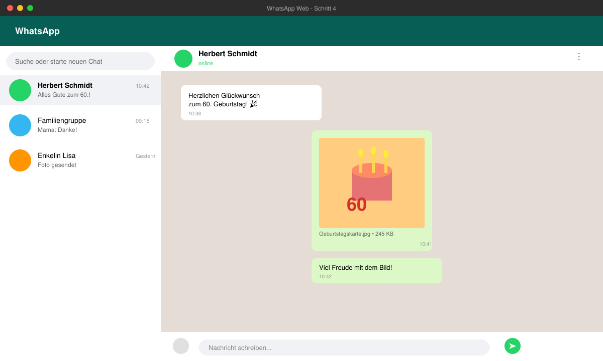 WhatsApp Chat-Fenster mit ausgewähltem Geburtstagsbild und Textnachricht