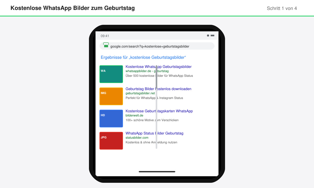 Smartphone-Bildschirm mit geöffnetem Browser und Suchergebnissen für Geburtstagsbilder