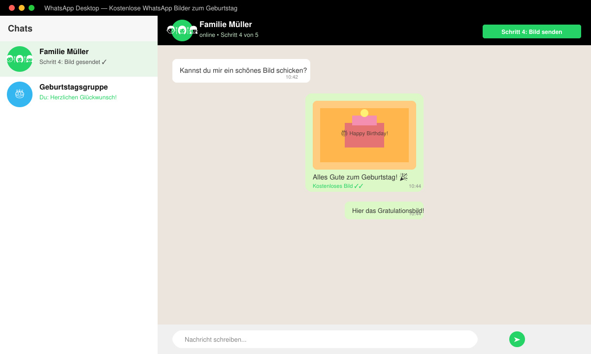 WhatsApp-Chat mit versendetem Geburtstagsbild und persönlichem Text