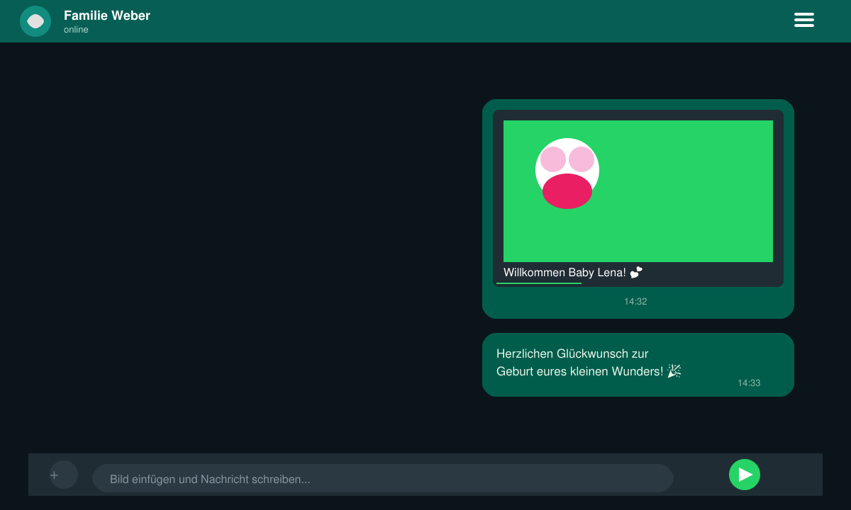WhatsApp-Chat mit einem versendeten Geburt-Bild und kurzem Glückwunschtext