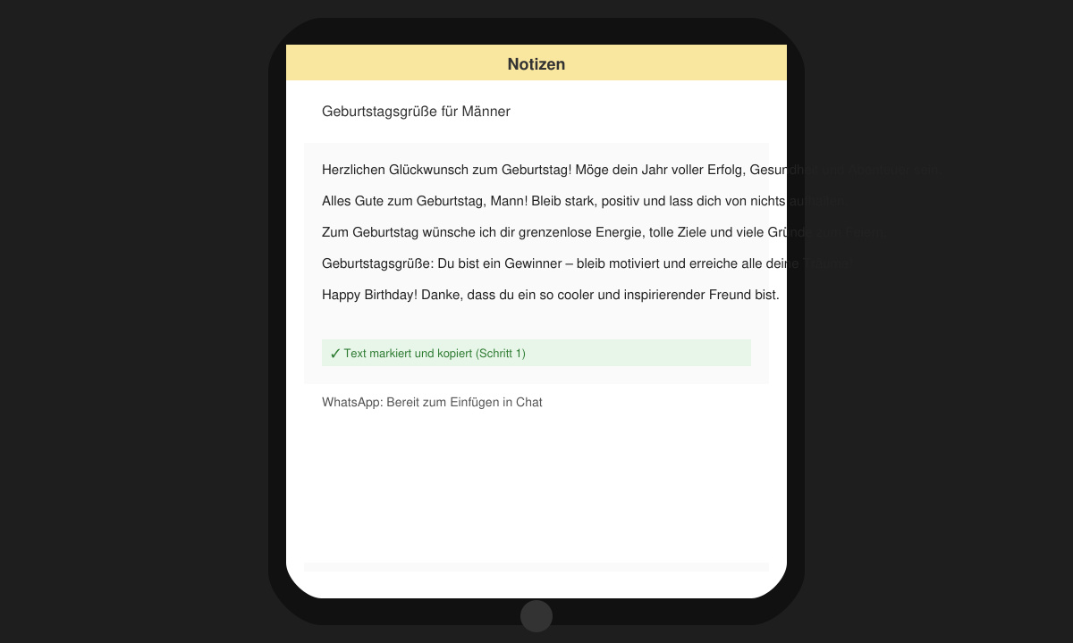 Smartphone-Bildschirm mit geöffneter Notizen-App und kopierten Geburtstagsgrüßen