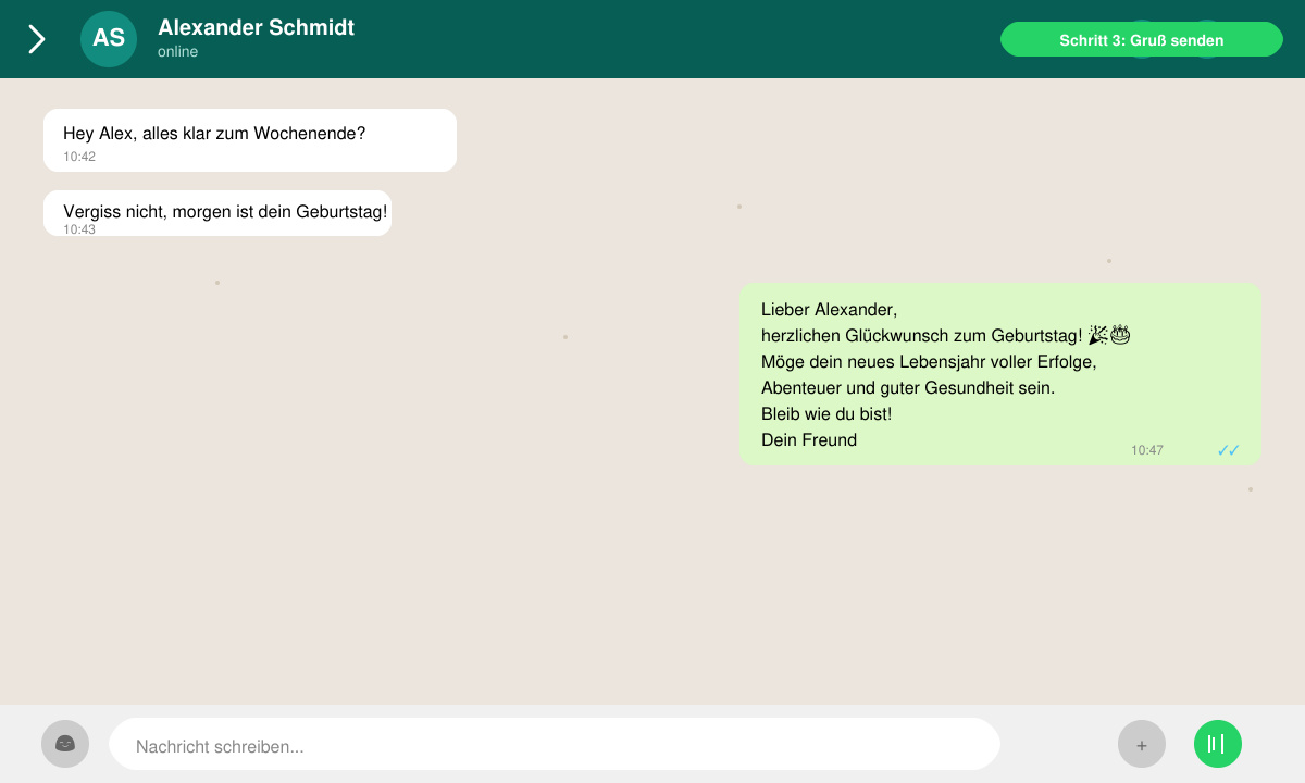 WhatsApp-Chat-Fenster mit fertigem Geburtstagsgruß für einen Mann