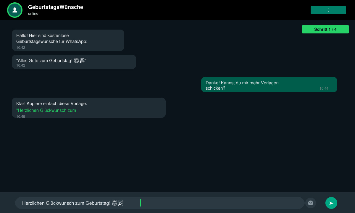 Schritt 1: Kopieren einer kostenlosen WhatsApp Geburtstagswunsch Vorlage in den Chat