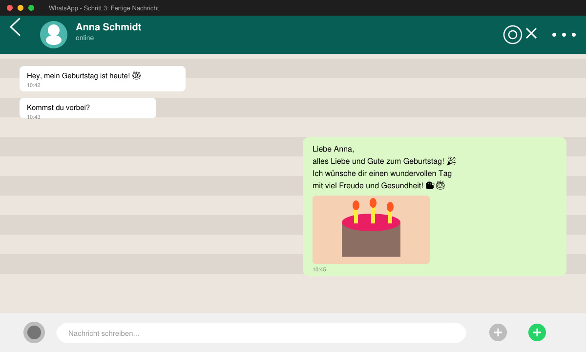 Ergebnis: Personalisierte kostenlose WhatsApp Glückwünsche zum Geburtstag mit Foto im Chat