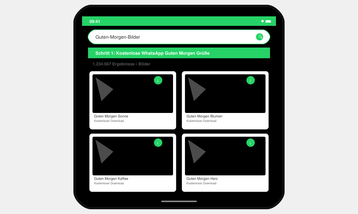 Smartphone-Bildschirm mit Suchergebnissen für Guten-Morgen-Bilder und Download-Button