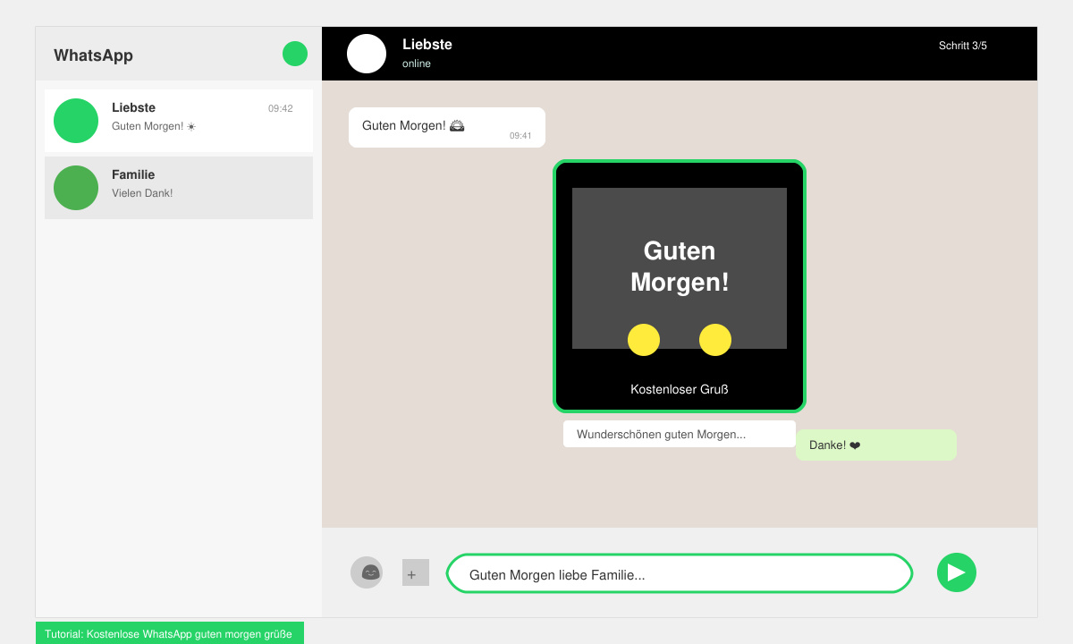 WhatsApp-Chat-Fenster mit ausgewähltem Guten-Morgen-Bild und Textfeld