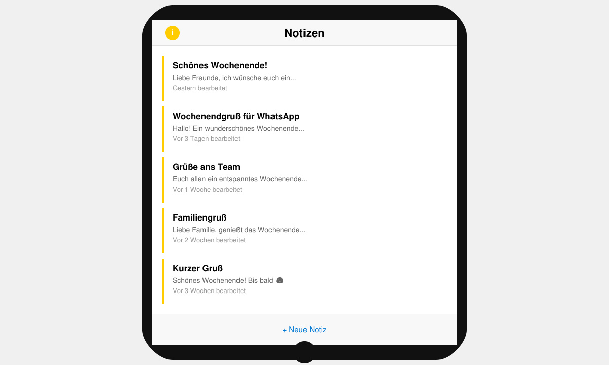 Nahaufnahme eines Handys mit geöffnetem Notizen-App, in der mehrere Wochenendgrüße gespeichert sind