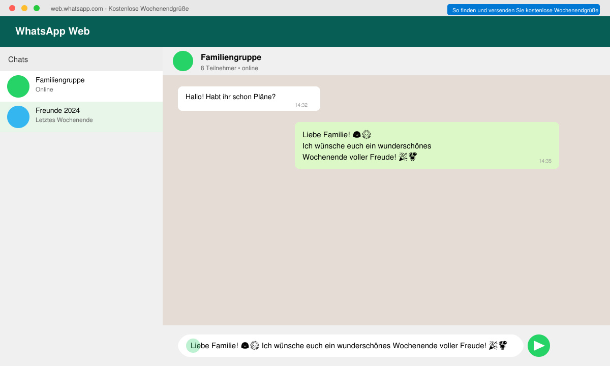 WhatsApp-Chatfenster mit fertigem Wochenendgruß inklusive Emojis und Senden-Button