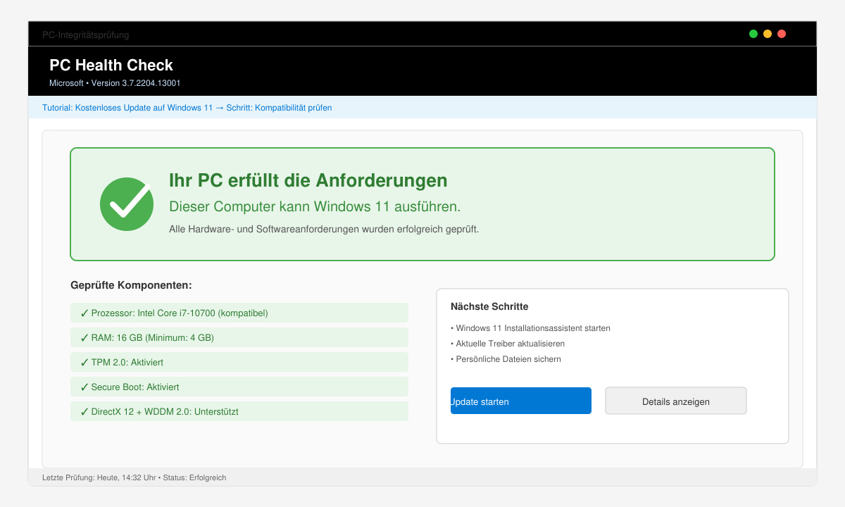 Screenshot des PC Health Check Tools mit grüner Erfolgsmeldung