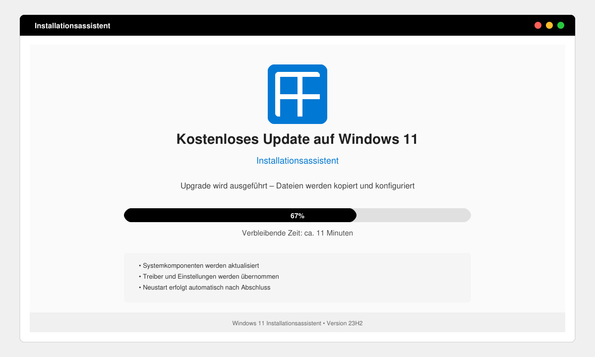 Installationsassistent während des Upgrades mit Fortschrittsbalken