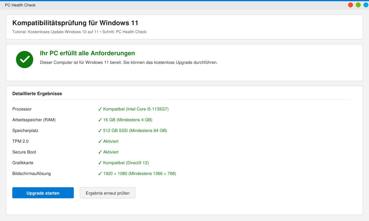 Bildschirm der PC Health Check App mit Kompatibilitätsergebnis