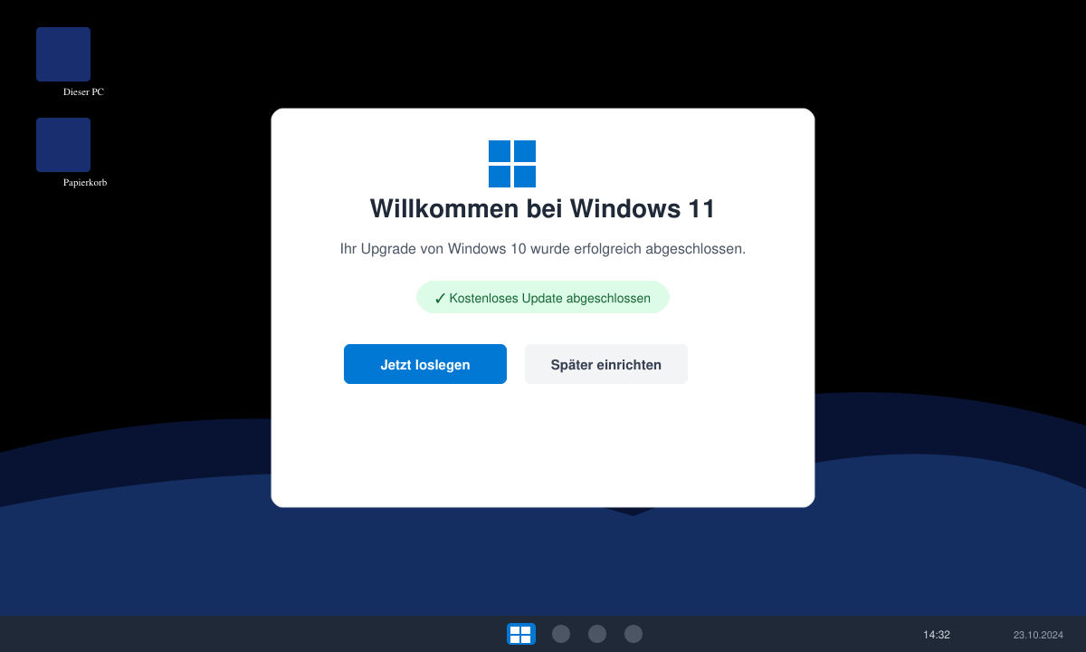 Windows 11 Desktop nach erfolgreichem Upgrade mit Willkommensbildschirm